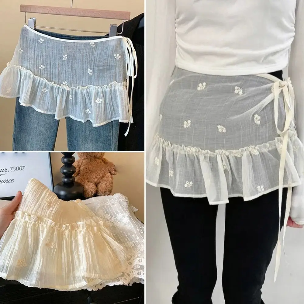 

New Embroidered Flower Lace Mini Skirt Y2K Streetwear See Through Lace Up Ruffles Skirt Harajuku Ruched Skirts Jeans Decoration