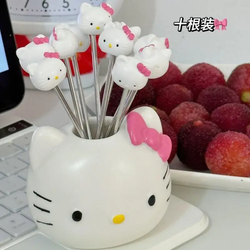 

Новинка 2024 года, Kawaii Sanrio Home Hello Kitty, основание вилки для фруктов из нержавеющей стали, высокопроизводительный набор милых мультяшных фруктов