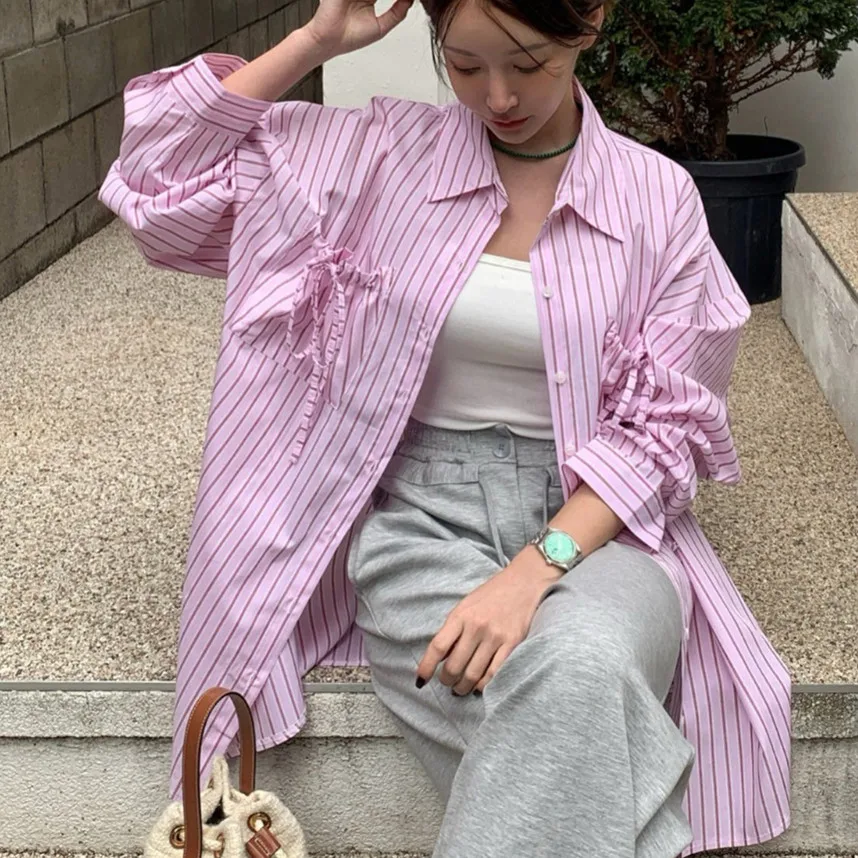 Chic Vintage Striped Long Sve Loose Women's irt Korean Sle Commute Faion Agel Design Trendy Match All Autumn
