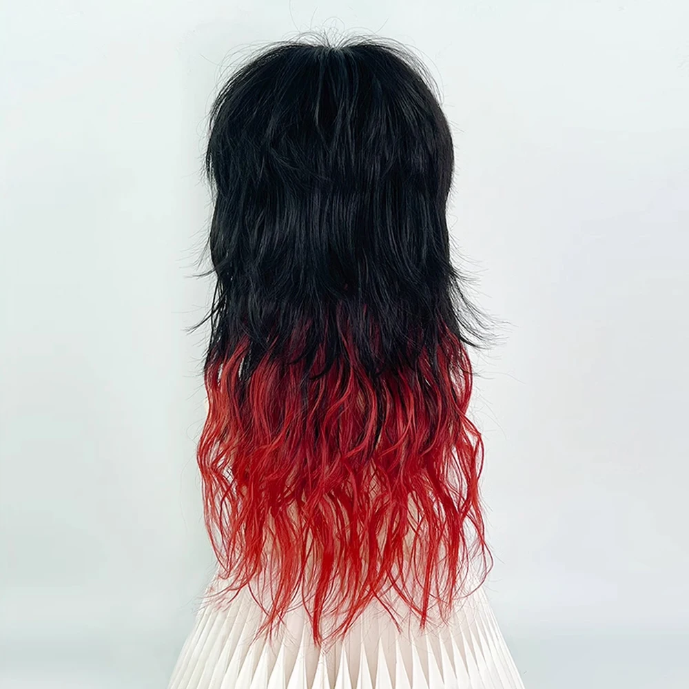 Synthetic Long Wavy Ombre Black Red Mullet Head Wig Women Fluffy Lolita Cosplay Hair Wig for Daily Party