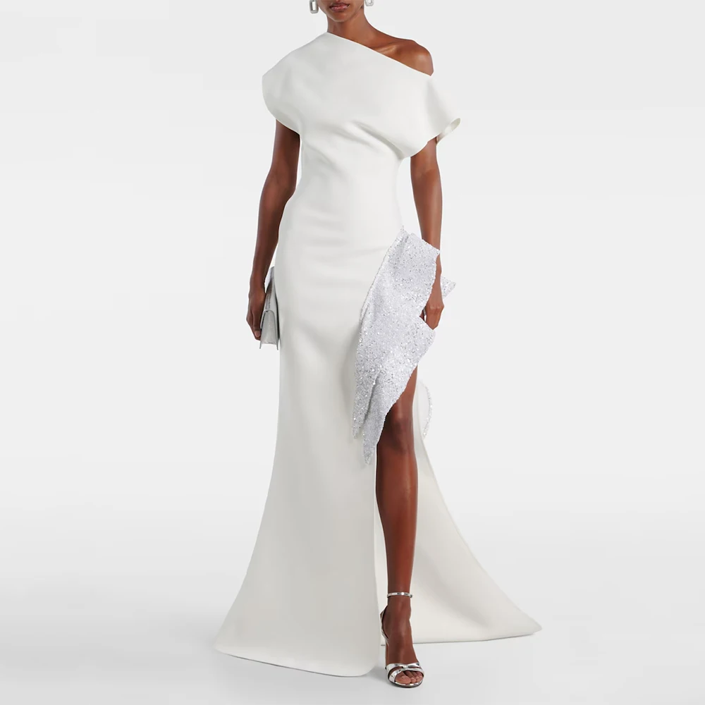 

Elegant Ivory Women's Evening Gown Mermaid Formal Party Dress Floor Length One Shoulder Saudi Dress Sleeveless Slit Prom Dress