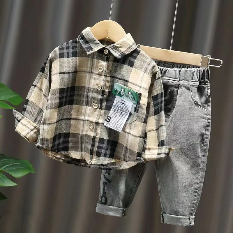 Children\'s Spring and Autumn Set 2024 New Boys\' Fashionable Children\'s Checkered Shirt and Jeans Two Piece Set Kids Outfits