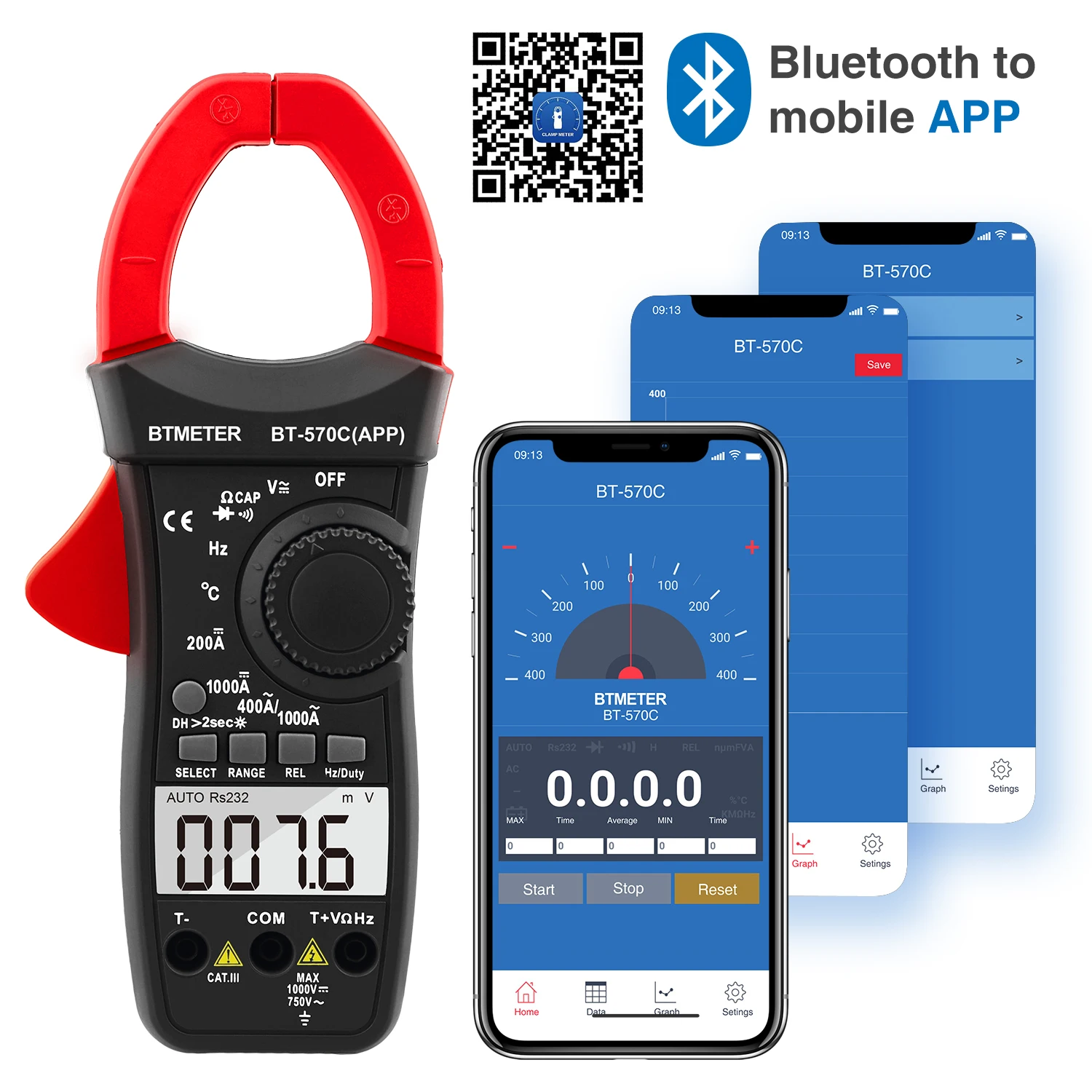 

BT-570C-APP 4000 Counts Auto Range, Digital AC/DC CLAMP MULTIMETER with APP Connection to Mobile Phone Function