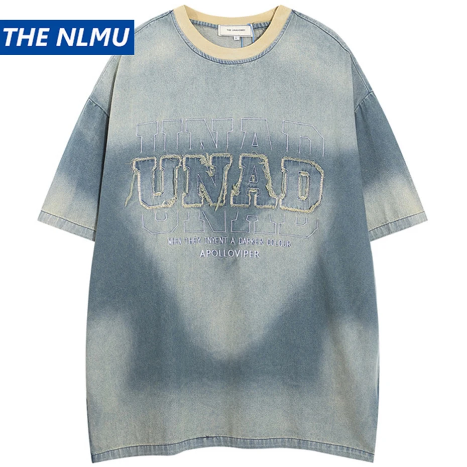 

Vintage Blue Denim T-Shirts Letter Embroidery Short Sleeve T Shirt Men 2024 Streetwear Harajuku Oversized Hip Hop Tee Shirt Tops