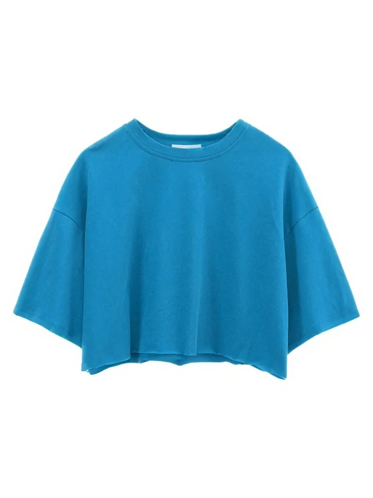 Y2K solid color short cropped round neck sports style T-shirt top with exposed navel