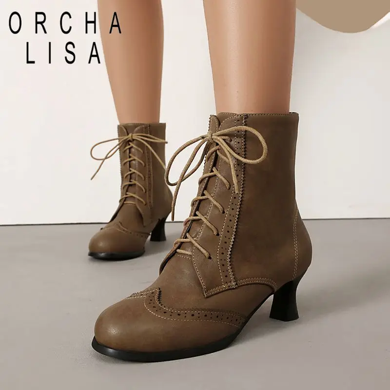 

ORCHA LISA Fashion shoes Fashion Women's Mid Calf Boots Round Toe 5.5cm Strange Heel Lace Up Brown Large Size 41-43 Shoes women