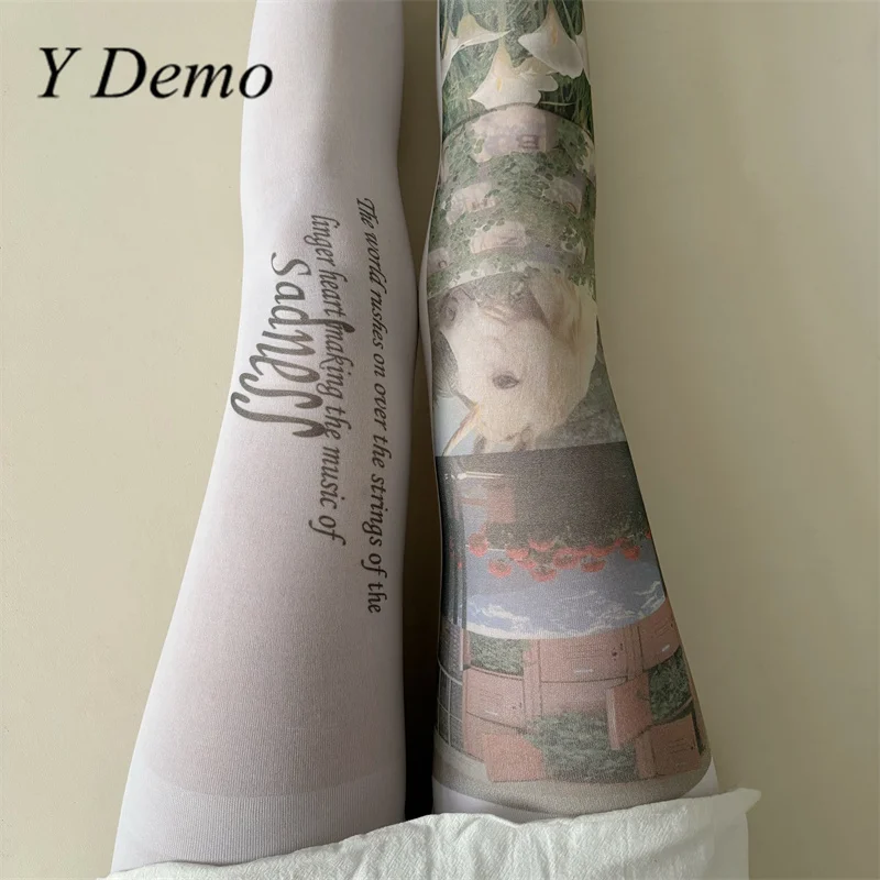 Y Demo Streetwear Y2k White Women's Thin Slim Tights Casual Dreamcore Printing Letters Stocking