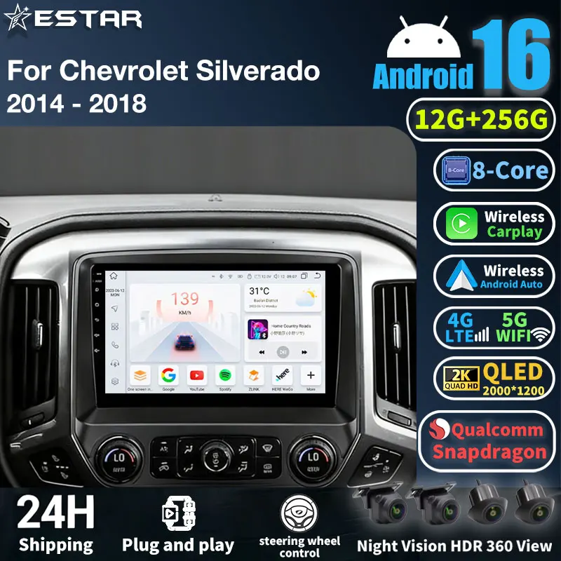Android 16 For Chevrolet Silverado 3 GMTK2 2014 - 2018 Wireless Carplay Android Auto Navigation Car Stereo Multimedia Player DSP