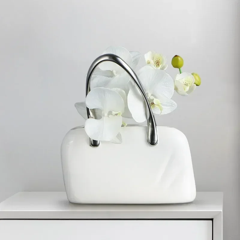 

Modern Ceramic Tote Bag Vase+Artificial Flower Set Accessories Home Furnishing Crafts Store Coffee Table Figurines Decoration