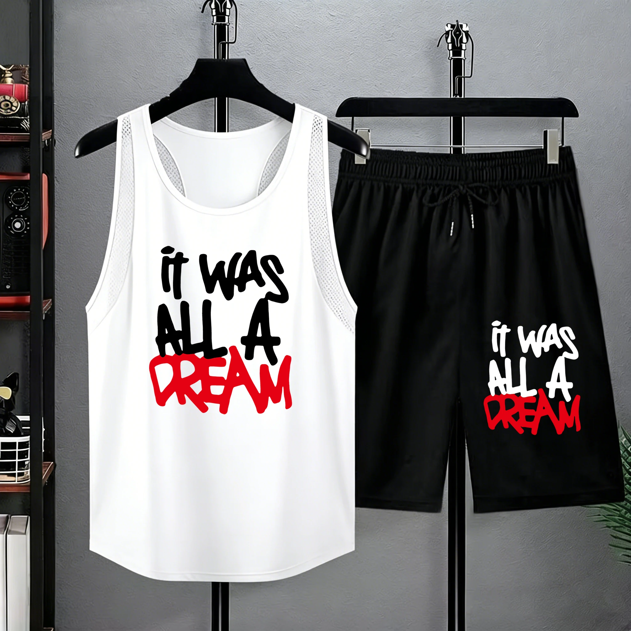

It Was All A Dream Red Letter Print Men Summer Loose Bottom Sport Breathable Vest Shorts Set Fashion Cool Tank Top Gym Pants