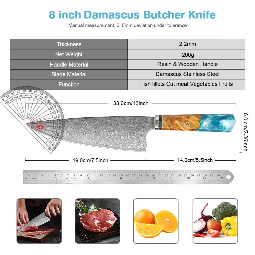 Japanese Damascus Cleaver Knife 8 Inch Chef Butcher Knife Kitchen Meat and Vegetables Cutting Knife Razor Sharp Cooking knife