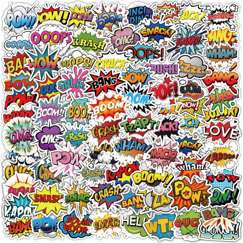 10/30/50/100pcs BAM POW WOW BOOM BANG Anime Slogan Stickers Scrapbooking Book Laptop Skateboard DIY Toy Decal Sticker for Kids