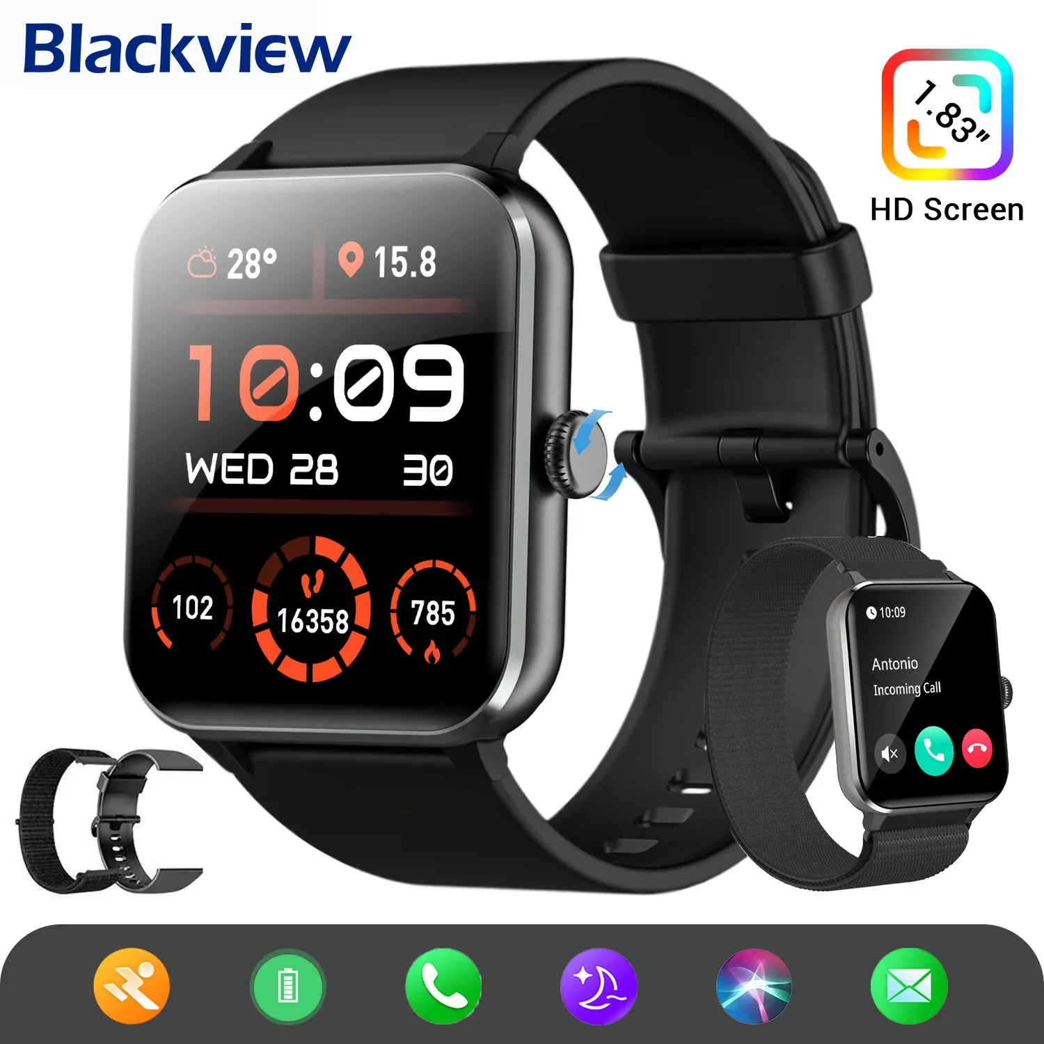 

Умные часы Blackview R50 с HD-экраном 1,85 дюйма, голосовым помощником, монитором здоровья, отслеживанием спортивных показателей, Bluetooth, для мужчин и женщин