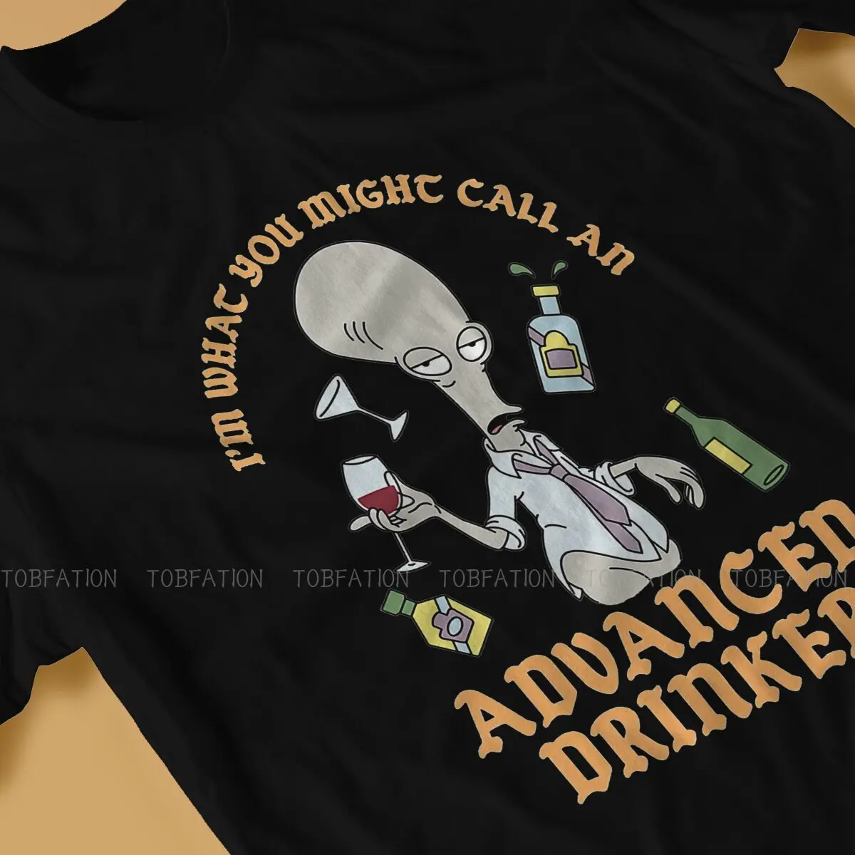 The Americans Roger Alien Cartoon Advanced Drinker Tshirt Black for Men Loose T Shirt Harajuku Men\'s Tops Short Sleeve