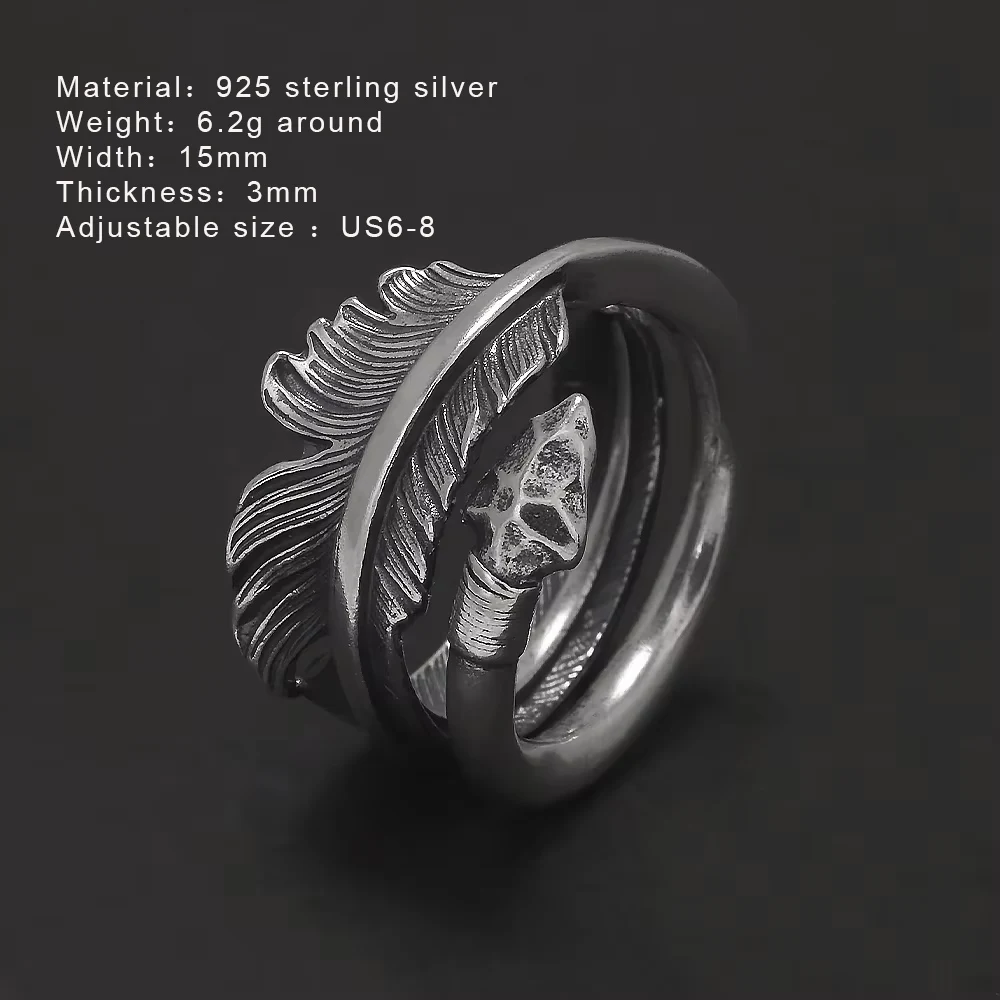 925 Sterling Silver Retro Feather Arrow Open Ring for Women Men Thai Silver Color Vintage Girl Boy Fashion Jewelry Accessories
