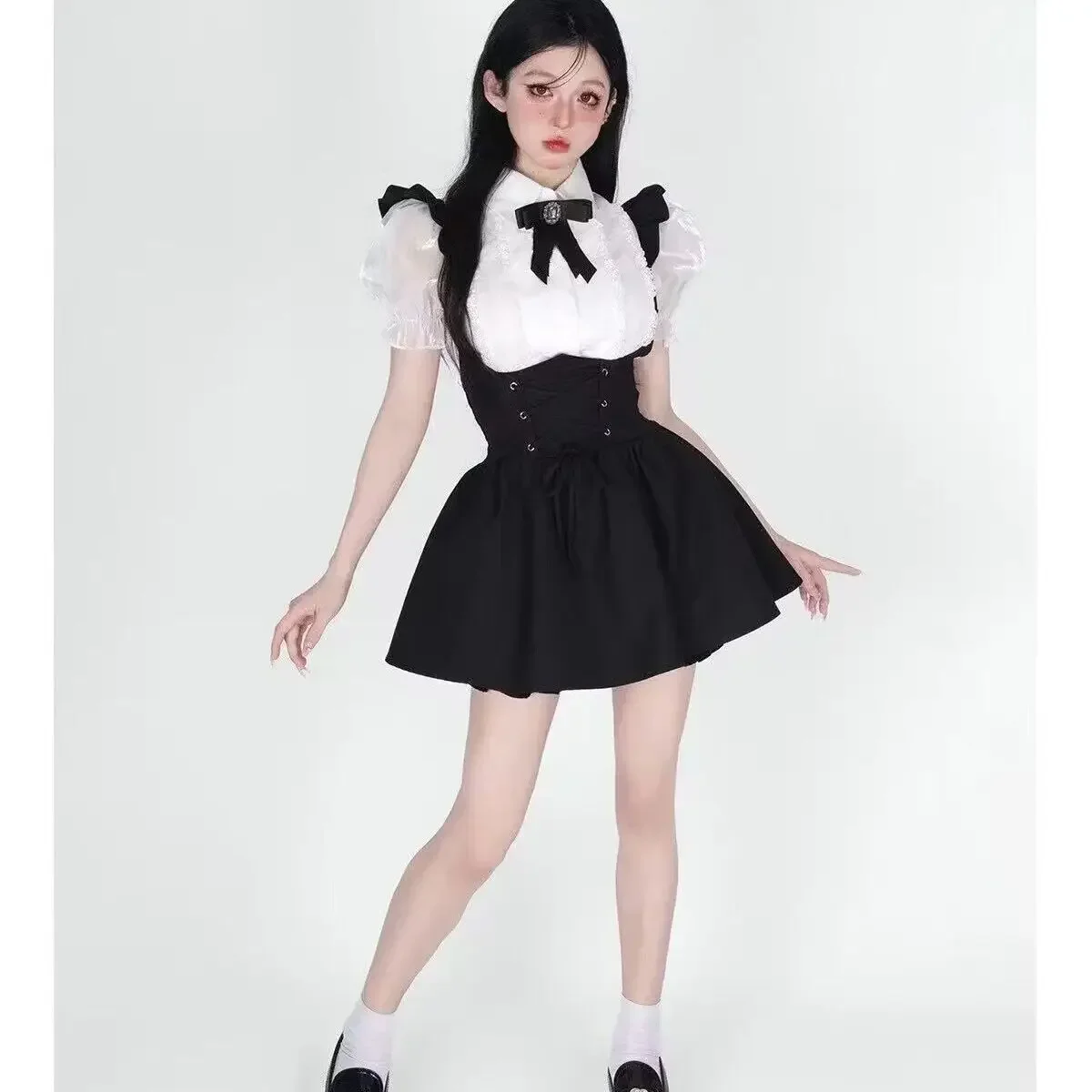 Korean Style College JK Girl Doll Collar Bow Shirt High Waist Lace-up Ruffled Sweet Lolita Strap Skirt Y2K Princess Mini Skirts