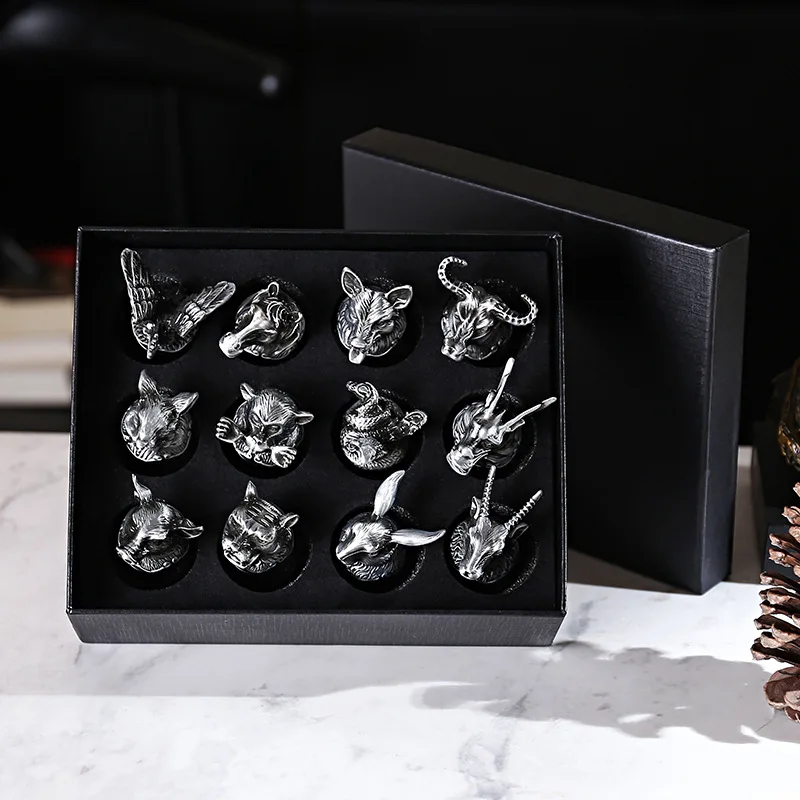 Chinese Zodiac Wine Glass Set Metal Barware Shot Flagon Dispenser Drinkware Exquisite Gift Box