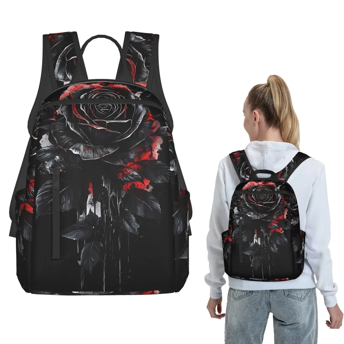 

Gothic Black Rose And Blood Backpack Large Capacity Boys Girls BookBag School Bag Shoulder Bags for Men Women