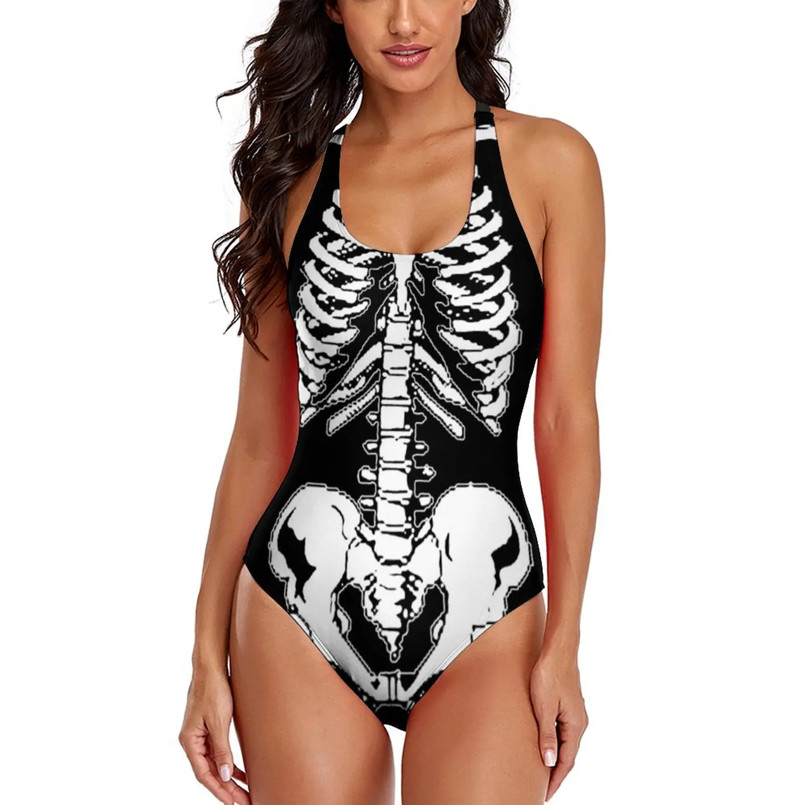 

Halloween Skeleton Swimsuit Rib Cage and Pelvis Spooky Push Up Swimwear One-Piece Cross Back Bathing Suit Sexy Kawaii Bodysuit