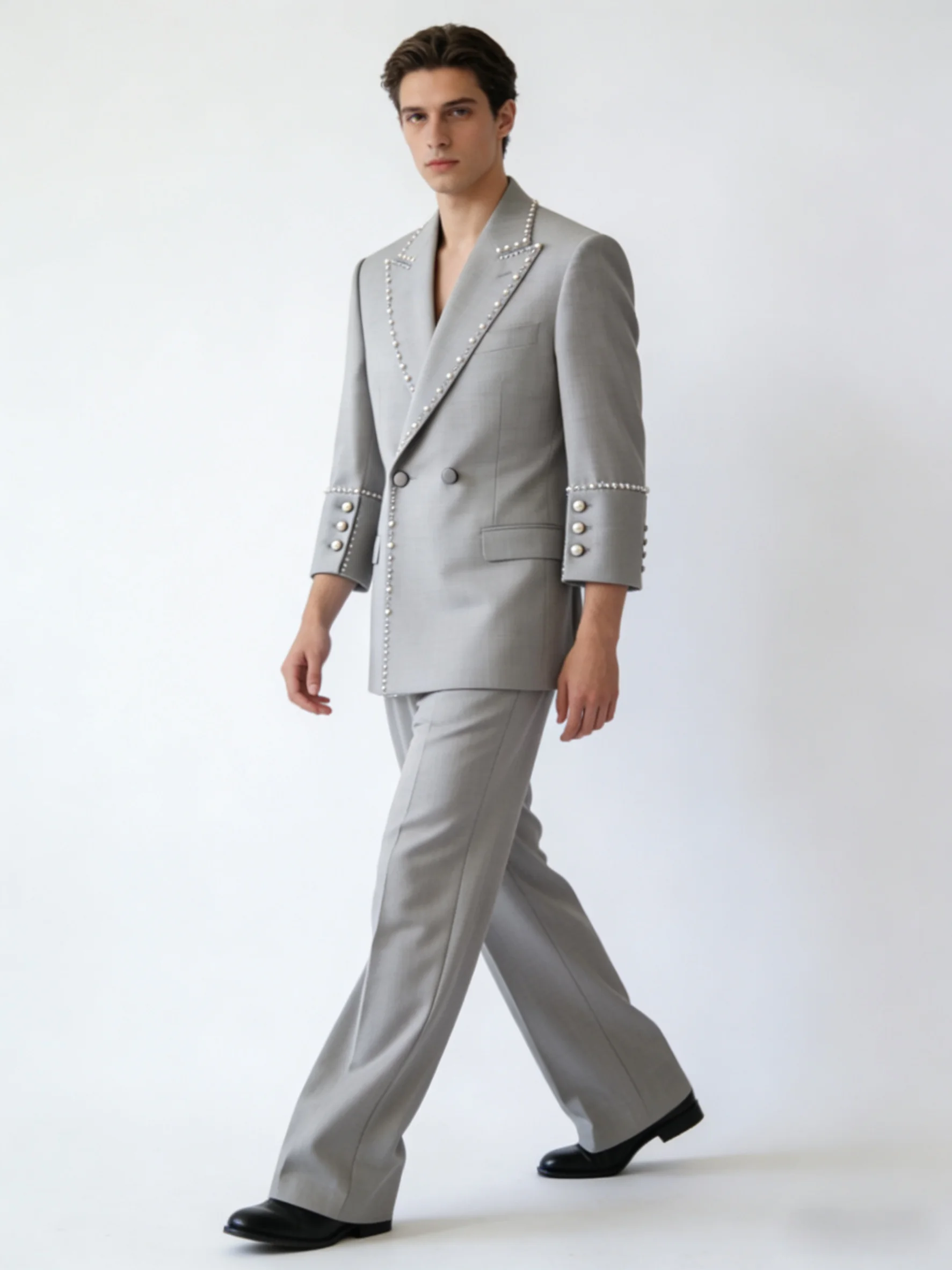 

Crystals Men Suit Set 2 Pcs Blazer+Pants Trousers Cotton 3/4 Sleeves Formal Office Coat Wedding Tuxedo Customized Jacket Outfit