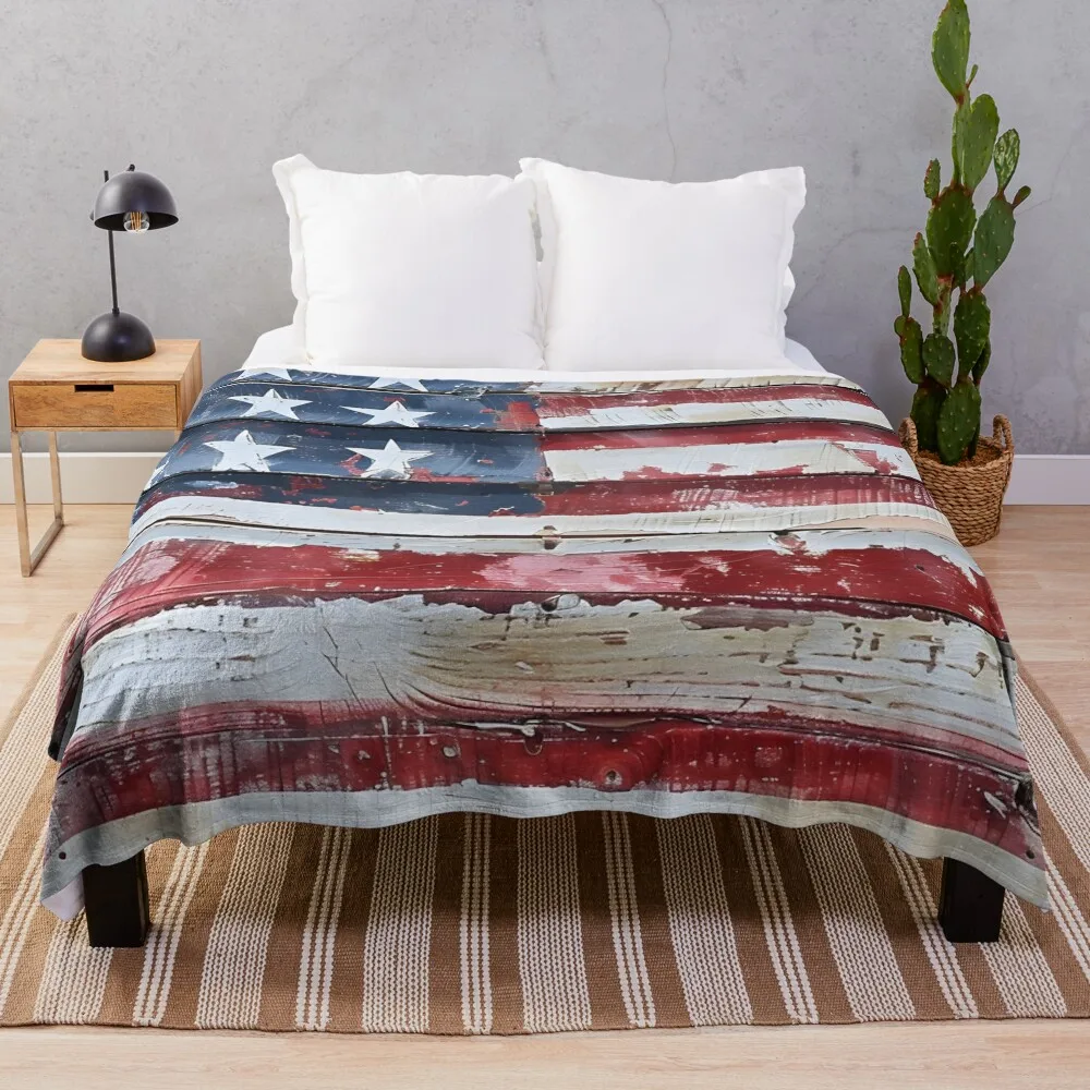 weathered wood american flag print Throw Blanket Flannels Summer Blankets