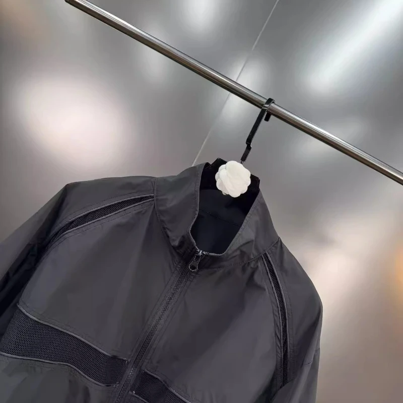 Summer 2025 Fashion Splicing Mesh Hollow Out Women's Jacket Loose Skinny Zipper Shoulder Padded Versatile Short Coats Ladies