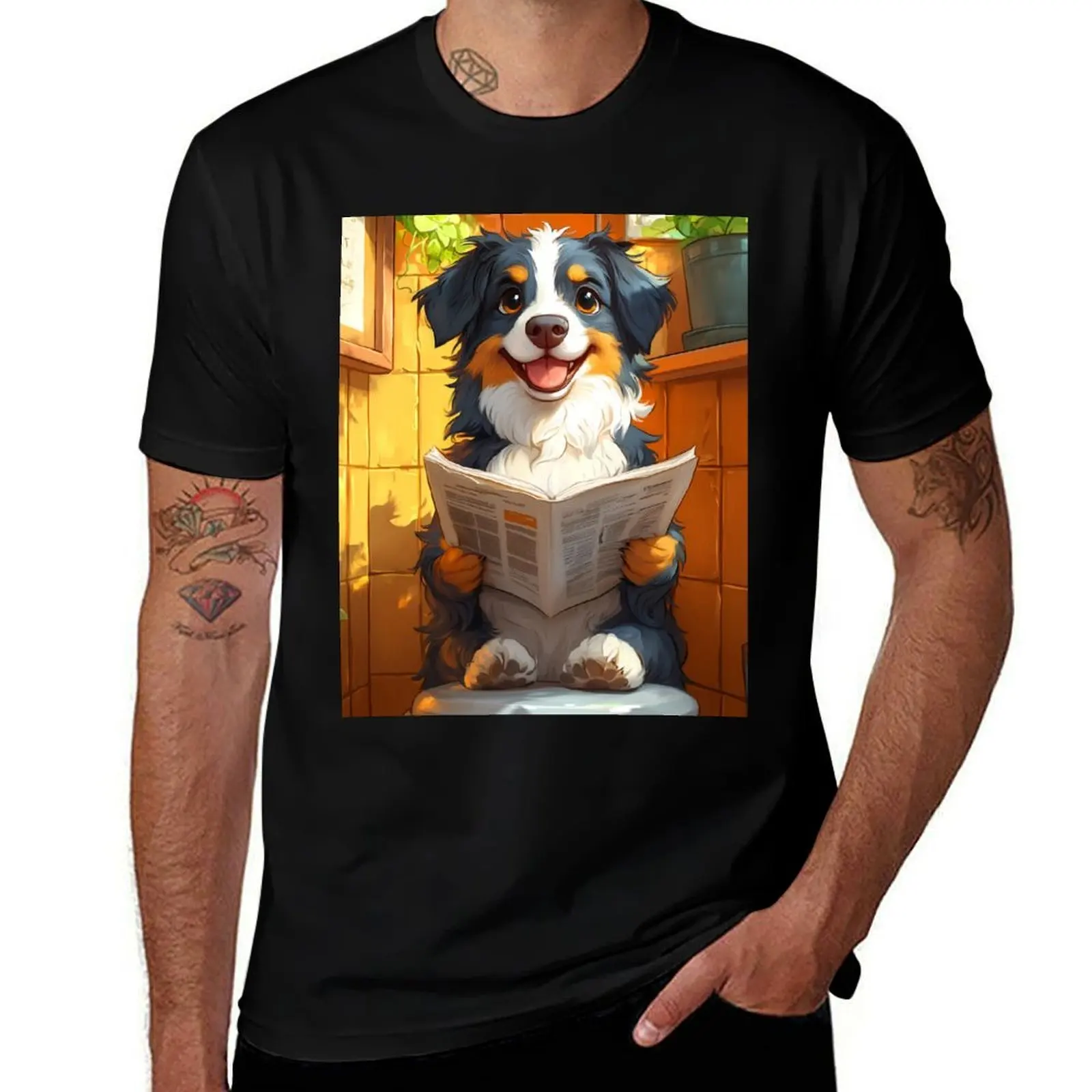 

Austr Happy Australian Shepherd Reading Toilet Humor Sunlit Bathroom T-Shirt vintage graphic tee mens shirts graphic tee