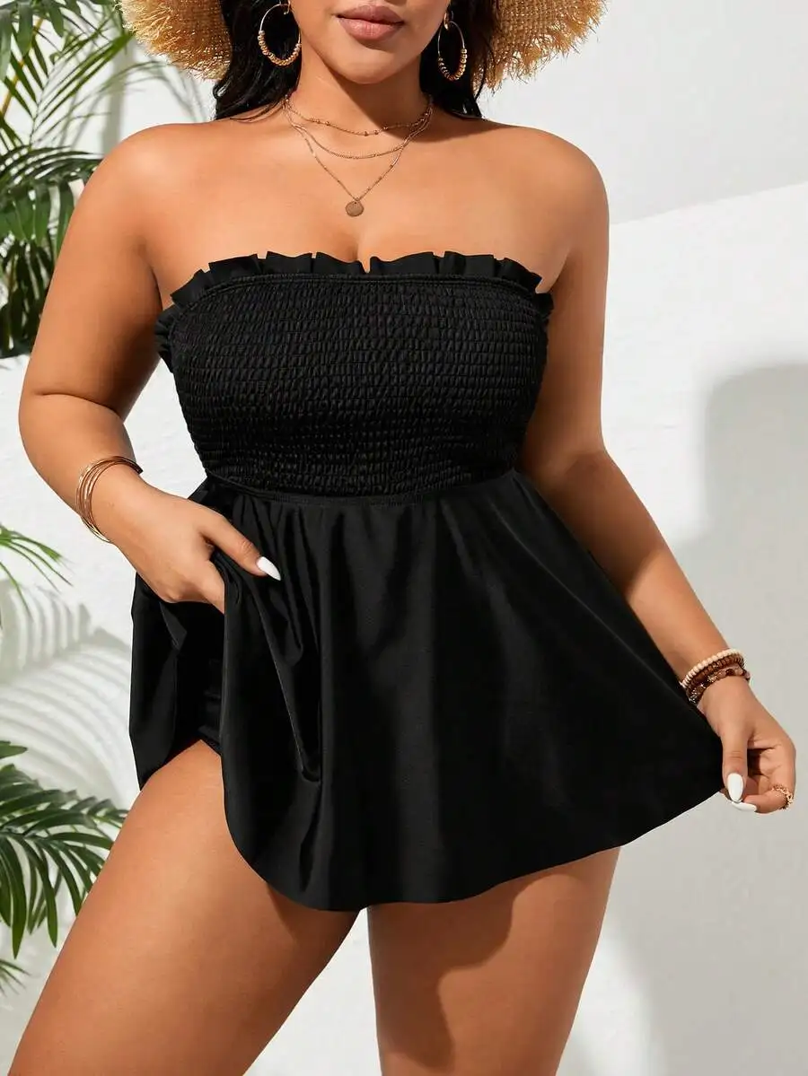 

Plus Size Solid Black Strapless Smocked Push Up Swimsuit With Skirted Bottoms