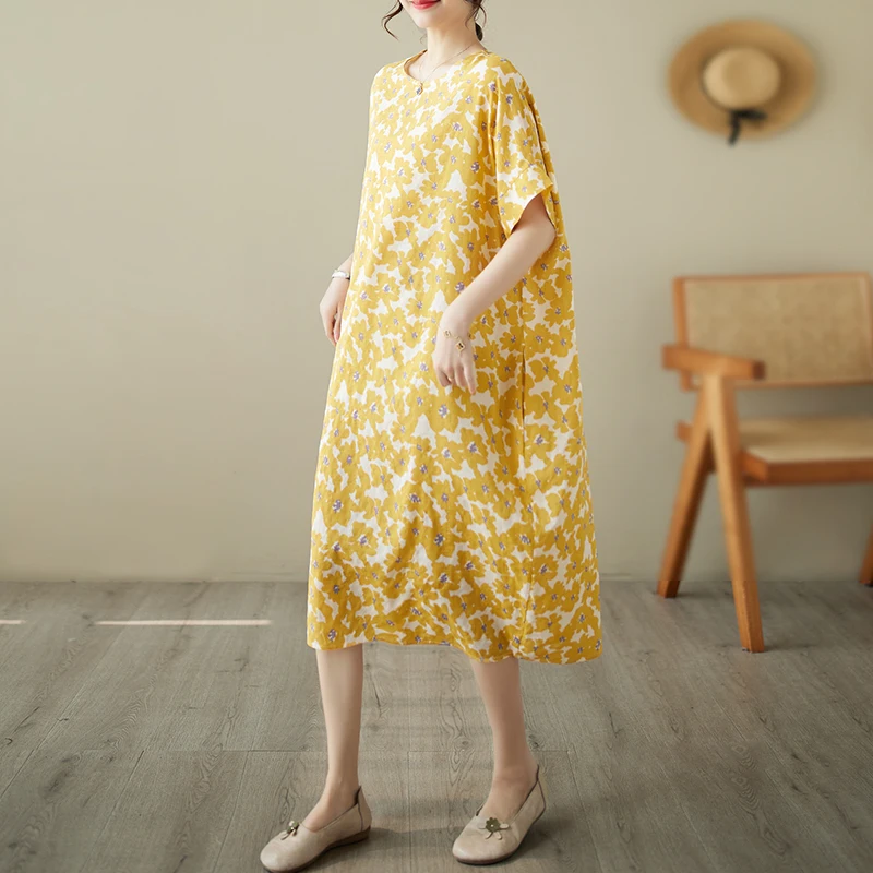 

Новое летнее женское хлопково-льняное платье миди больших размеров с винтажным цветочным принтом, коротким рукавом, в повседневном стиле для работы и отдыха, с эффектом омоложения