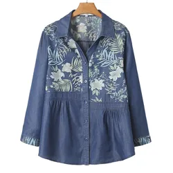 Chemise à Manches de Poignet pour Femme, Vêtement d'Extérieur en Denim, Grande Taille, Dessin en Couleur, Impression, Courbe, Automne 2023