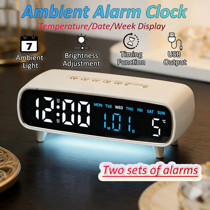 Digital LED Alarm Clock Temperature/Date/Week Display Brightness Adjustment Electronic Clock with Ambient Light Timer Function