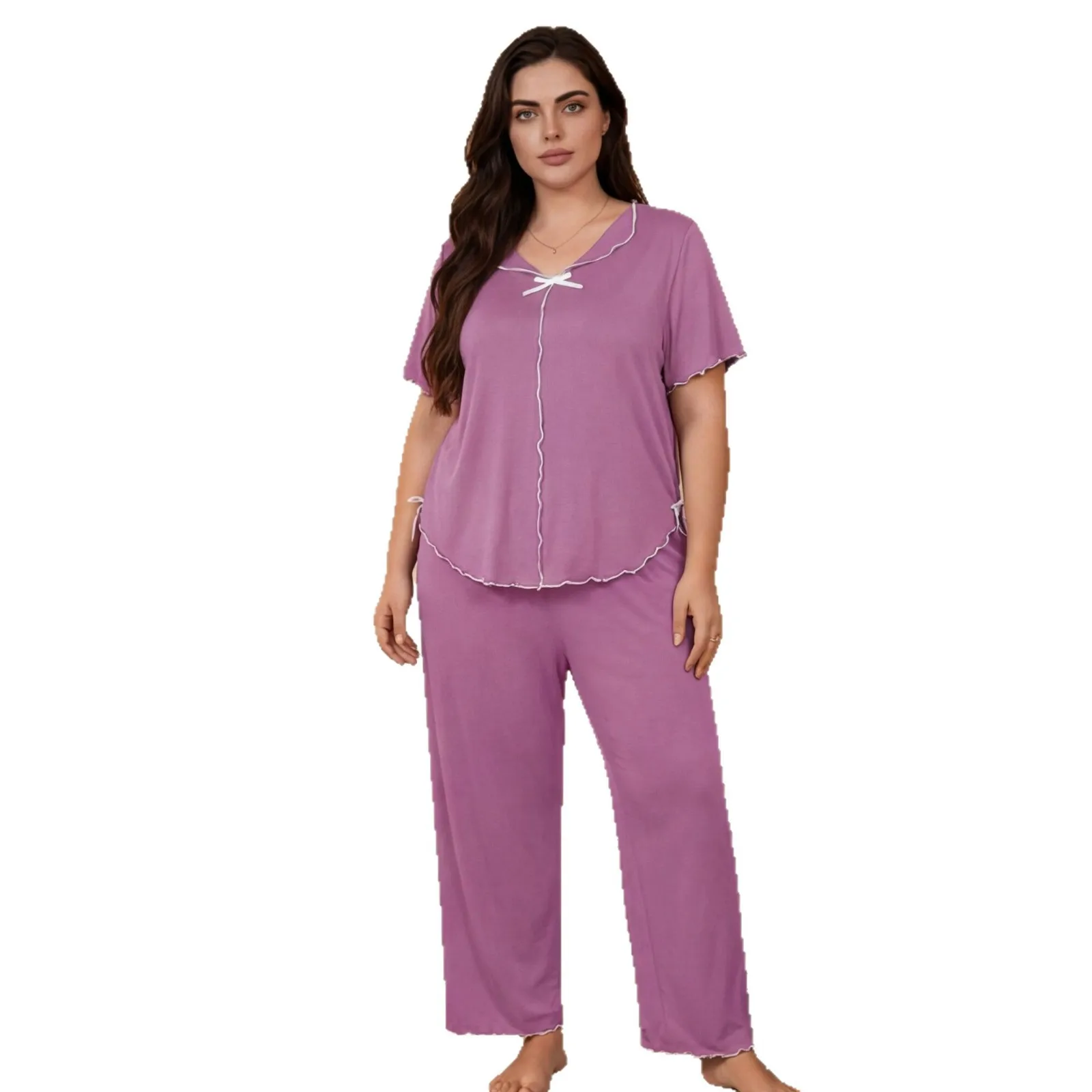 Women Short Sleeve Pajamas Set Large Size Loose Fit Homewear Solid Color Summer Thin Oversize 2 Pieces Sleeping Outfit Pyjama 5