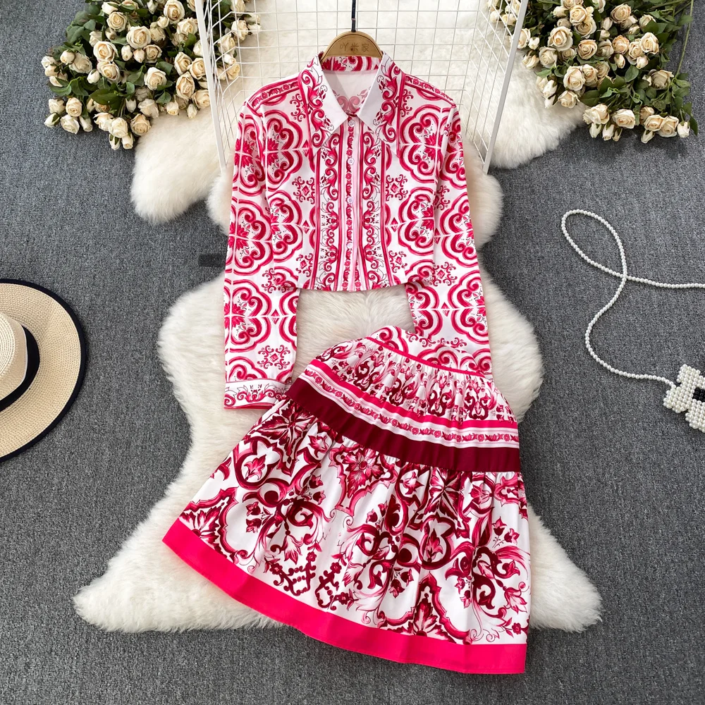 

JAMERARY Runway Red Blue White Porcelain Floral Two Piece Sets Women Summer Fall Crop Top Print Shirts + Short Mini Skirts Suits