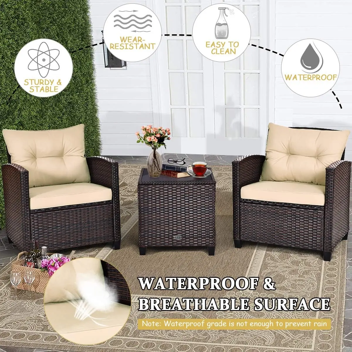 PE Rattan Wicker Outdoor Sofa Set, almofada lavável, mesa de vidro temperado, conversação Móveis