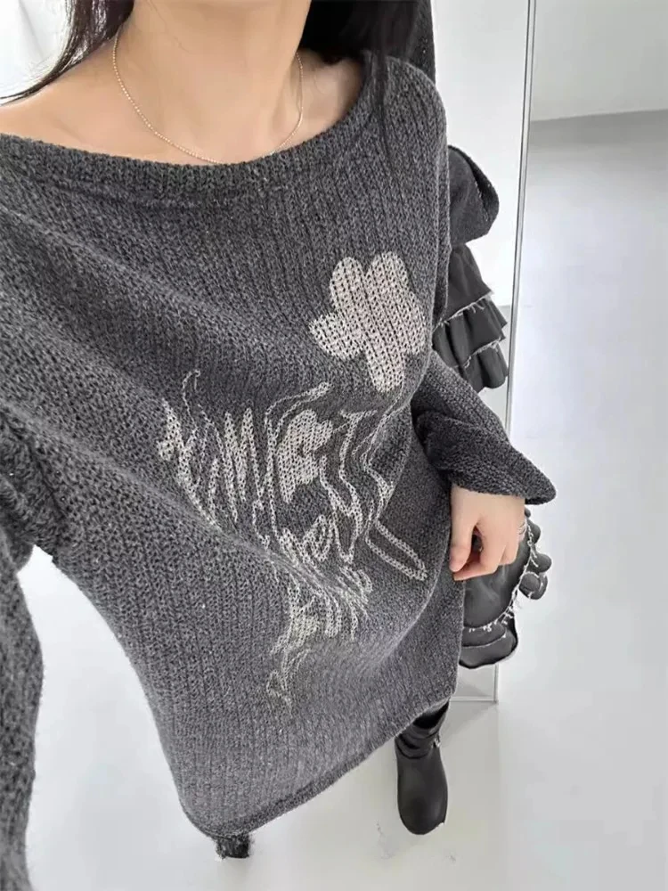 Hikigawa Korean Sweater Women Irregular Vintage Flowers Pullovers Oblique Shoulder Casual Slit Design Long-sleeved Y2k Knitwear