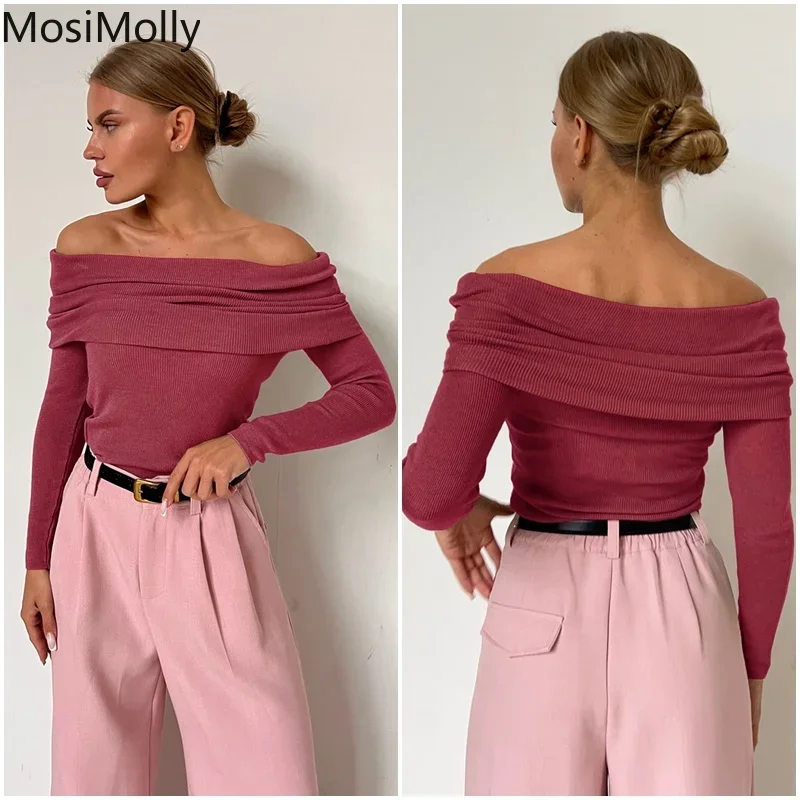 MosiMolly Wool Sweater Slash Neck Slim Knitting Jumper Pullovers OL Lady Sweater Soft Comfy Wool Basic 2023
