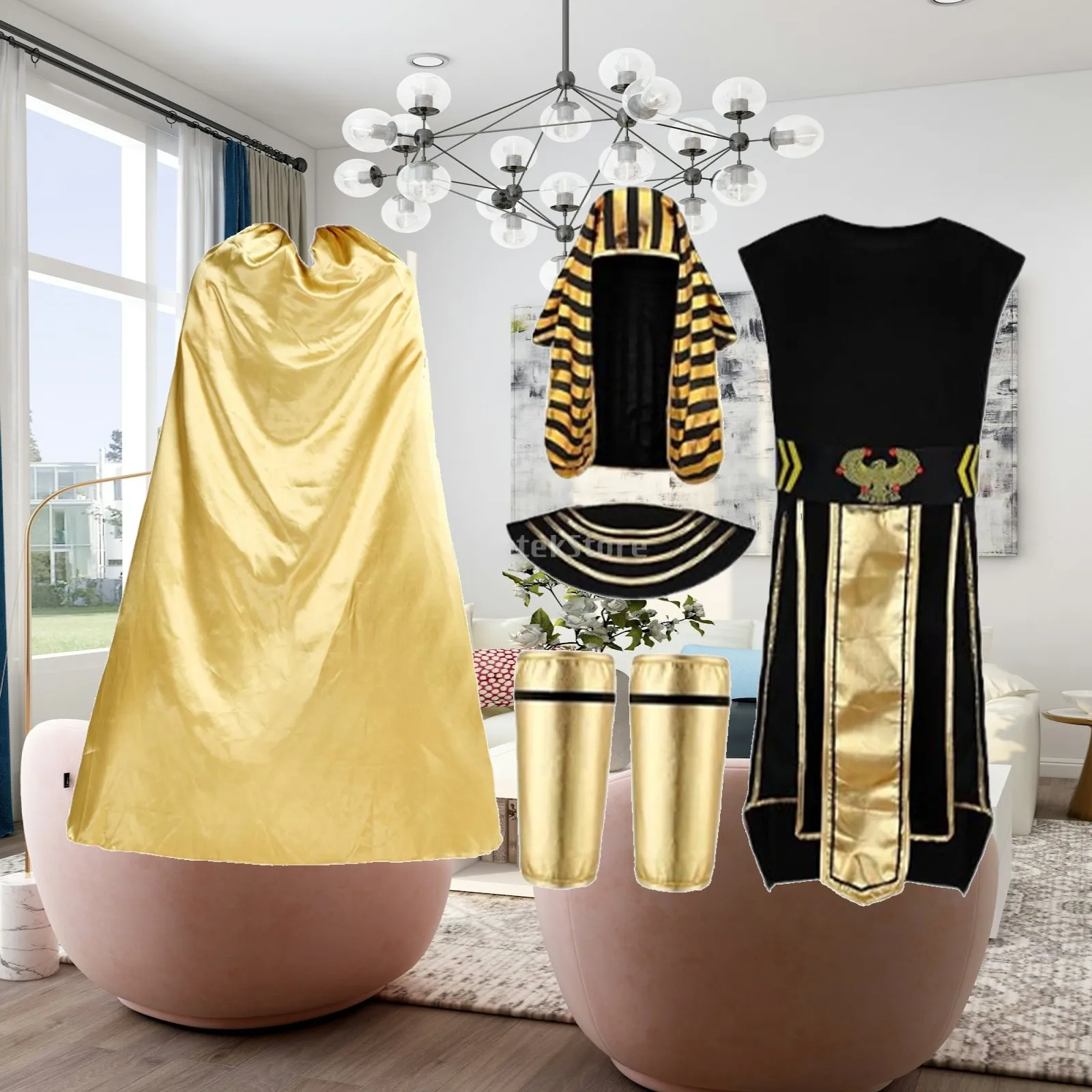 Men Egyptian Costume Accessories Pharaoh King Tut Cloak Cape Belt Headpiece Jumpsuit Set Halloween Party Favor Stage Dress Up