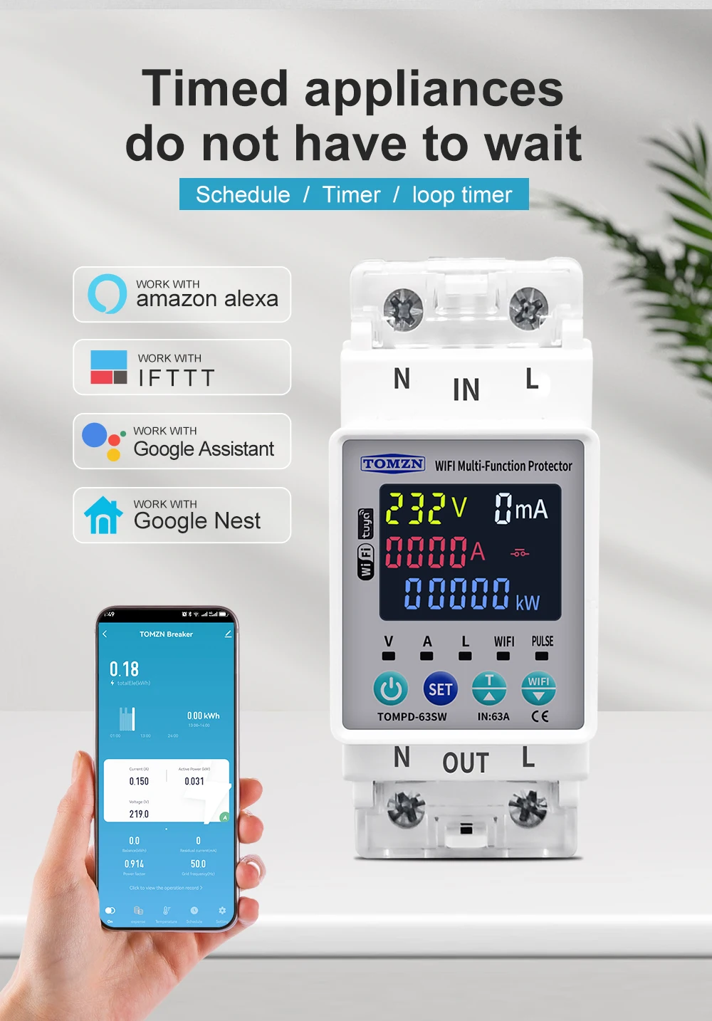 TOMZN 2P 63A 110V 220V Smart Life WLAN-Schalter mit kWh-Messung, Leistungsschalter mit Timer, Spannungs-, Strom- und Leckageschutz – Detail 3