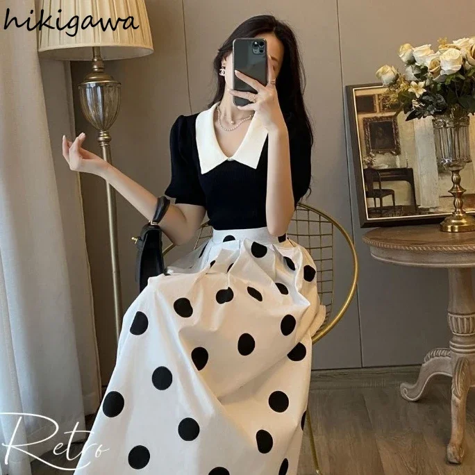 Korean Two Piece Sets Womens Outfits High Waist Polka Dot Big Swing Skirt Puff Sleeve Tunic Tops Set Chic Summer Elegant Suit