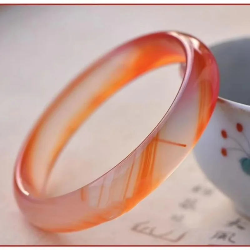 

Natural Flower Light Red Orange Chalcedony Agate Jade Bangle Goddess Bracelet Fashion Gift Jewelry Accessories