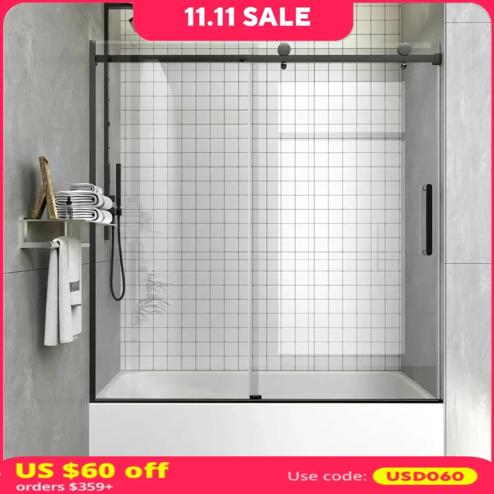 Tub Shower Door, Frameless Sliding, 57.5-60“ X 60”, 8mm Tempered Glass Thickness, Reversible, Frameless Shower Door