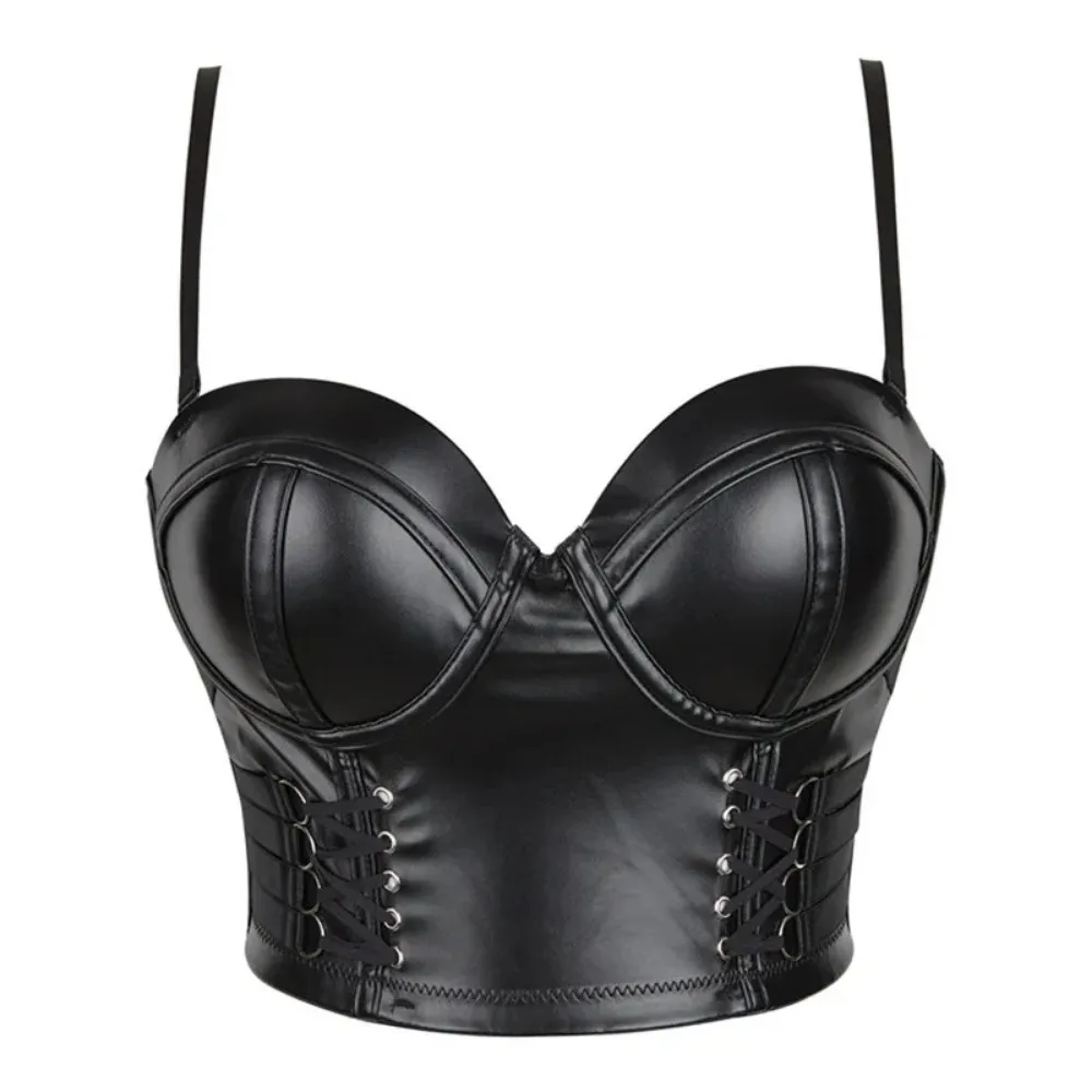 

Women Glossy PU Leather Bra Corset Tops For Sex Hot Porn Half Cup Latex Halter Tops Adjustable Shoulder Strap Punk Corsets