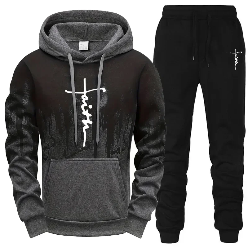 

Mens Tracksuit Casual Printing Splash-ink Hooded Sweatshirts Sports Jogging Mens Clothing Autumn Winter Single Piece Tops Pants