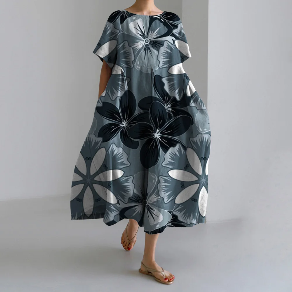 여름 패션 플러스 사이즈 S-5XL 휴가 캐주얼 드레스 신상 O넥 보헤미안 캐주얼 플로럴 프린트 미디 여성 여행 드레스