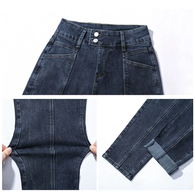 2024 New Korean Fashion Button Harem Jeans Women High Waist Girl Pants Student 92-96cm Ankle Classic Blue Casual Denim Trousers
