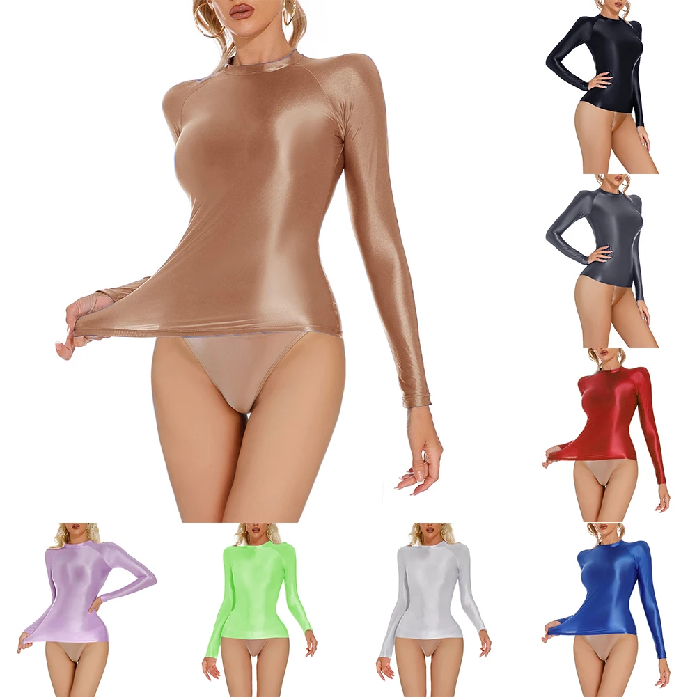 Bezszwowe koszulki do jogi dla kobiet, błyszczące bluzki z długim rękawem, elastyczne, dopasowane topy, materiał nylonowy, okrągły dekolt.