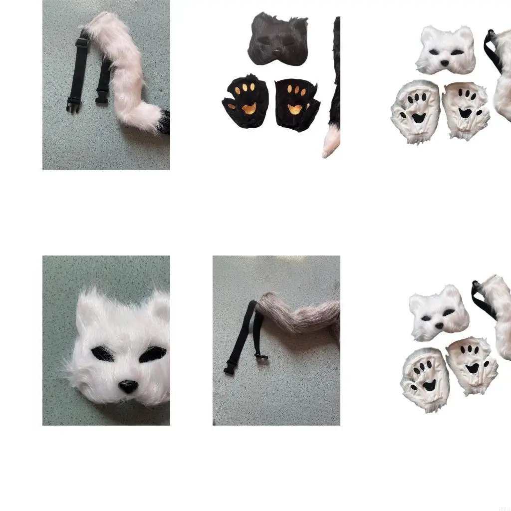 

68UA Cats Mask Paws Gloves Tail Halloween Cosplay Costume Cats Costume Accessory
