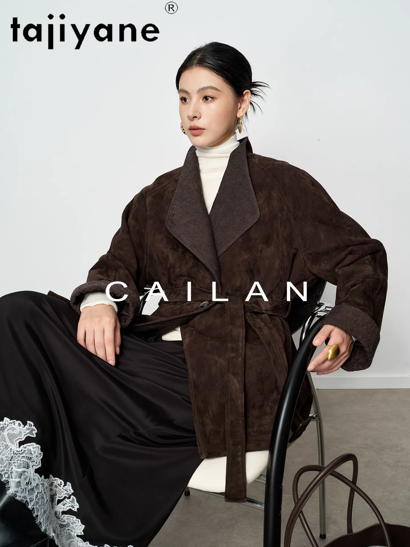 TAJIYANE Cappotto in Pelle Scamosciata di Capra da Donna, Giacca in Vera Pelle con Scollo a V e Cintura, Lunghezza Media, Abbigliamento Autunnale 2026