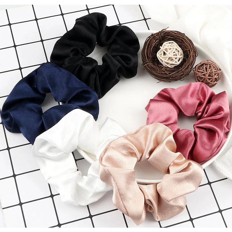 5PCS/Lot Boo-tiful Silk Satin Scrunchies Big Elastic Rubber Hair Band Women Girl Ponytail Holder Hair Ties Accessories Wholesale