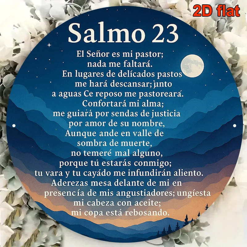 2D Flat Metal Sign, Spanish Psalm 23 Bible Verse Plaque, Dark Blue Gold Star Pattern Aluminium Wall Art